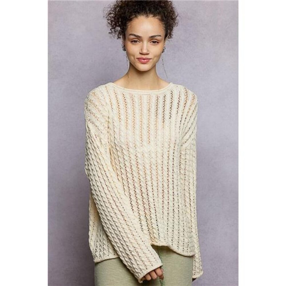 POL Openwork Round Neck‎ Knit Top with Shiny Detail